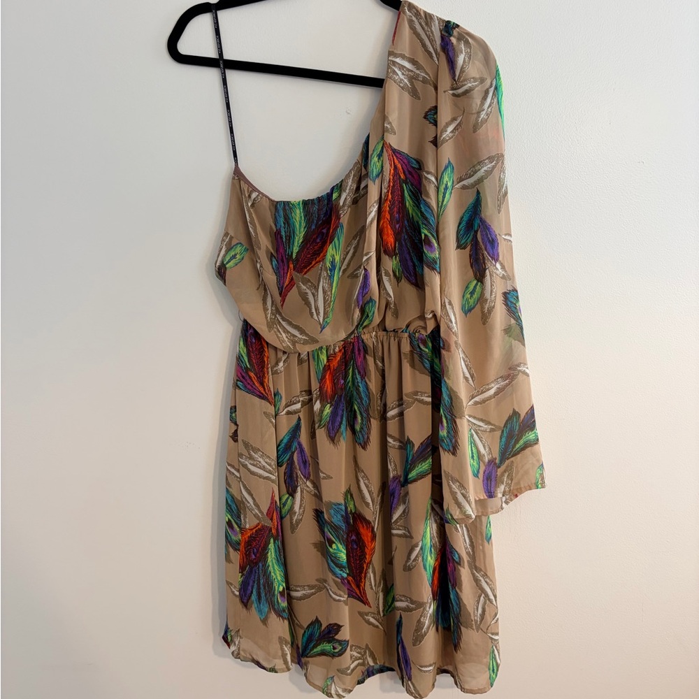 Forever 21 Tan One-Shoulder Dress with Multicolor Feather Design